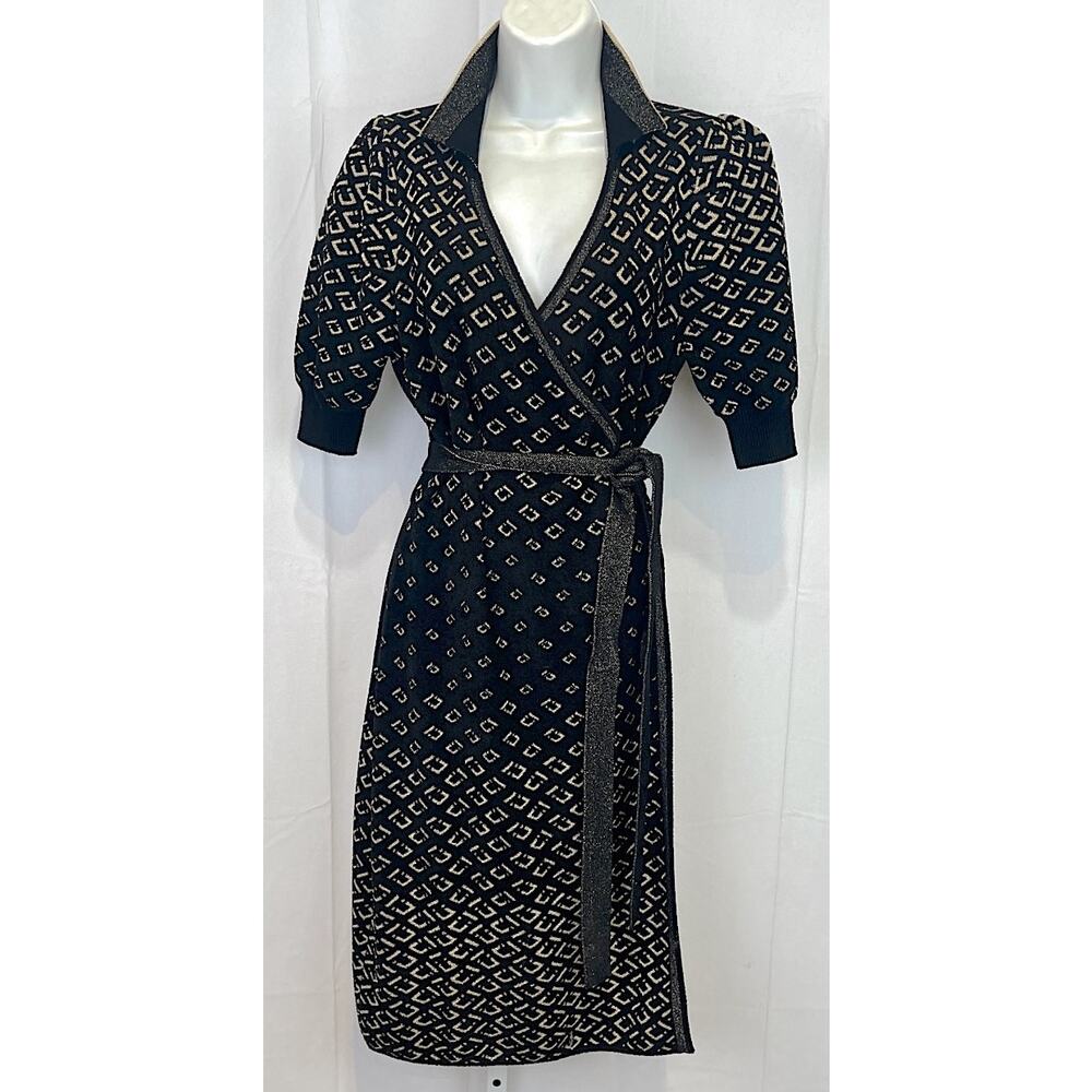 DIANE VON FURSTENBERG DVF Hedy Wrap Dress Knit Jacquard Geo Chain Black Size S